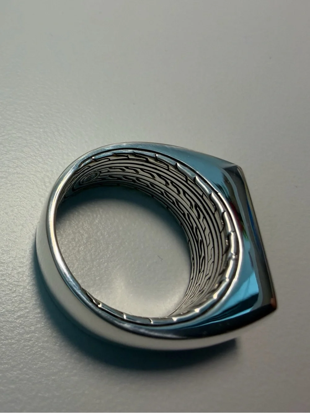 John Hardy Classic Chain Band Signet Ring with Black Volcanic and Diamonds Sz 10